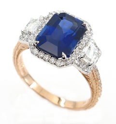 GIA 4.41ct Natural Ceylon Blue Emerald Cut Sapphire Diamond Rose Gold Plat Ring