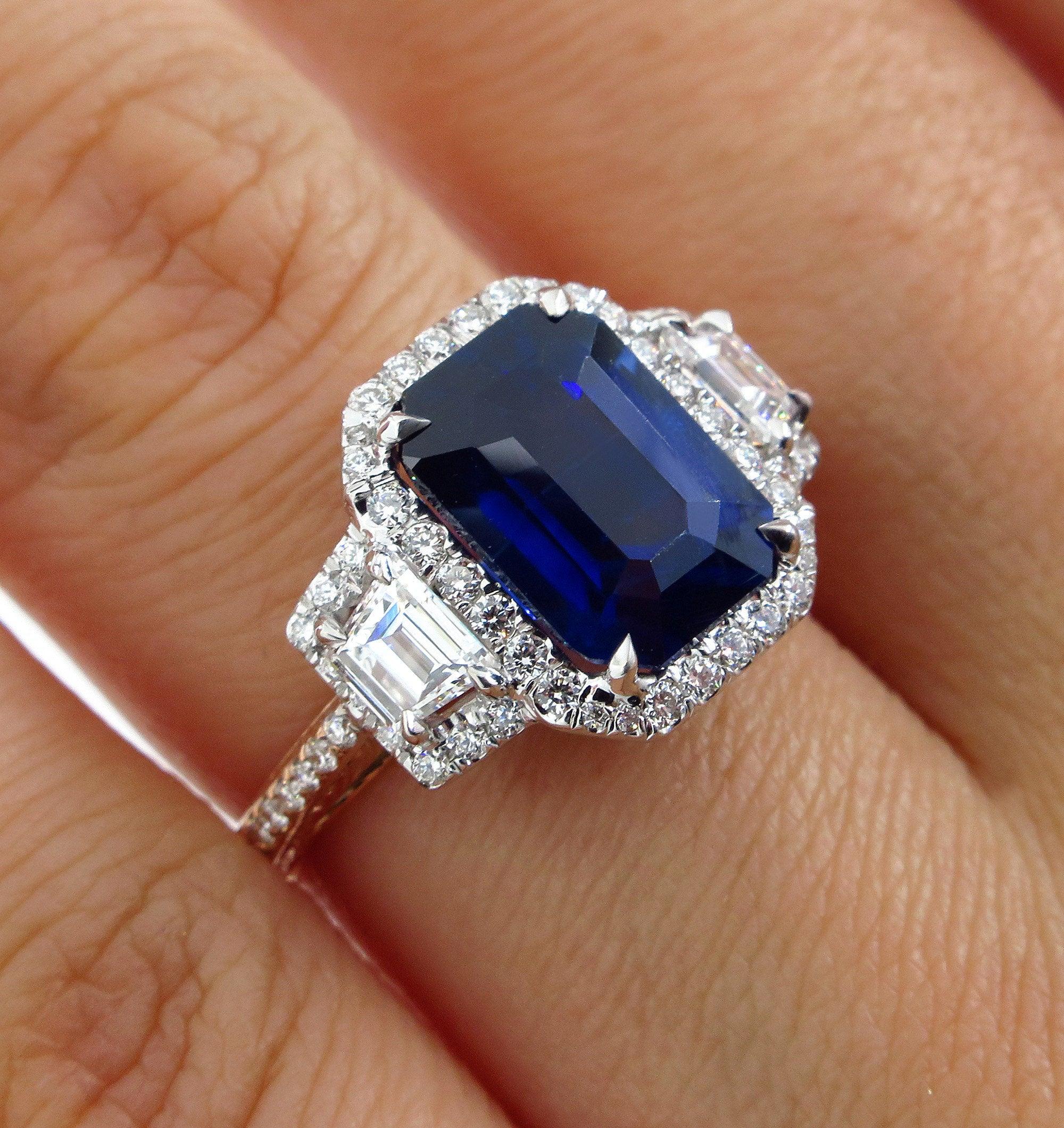 GIA 4.41ct Natural Ceylon Blue Emerald Cut Sapphire Diamond Rose Gold Plat Ring In Good Condition In New York, NY