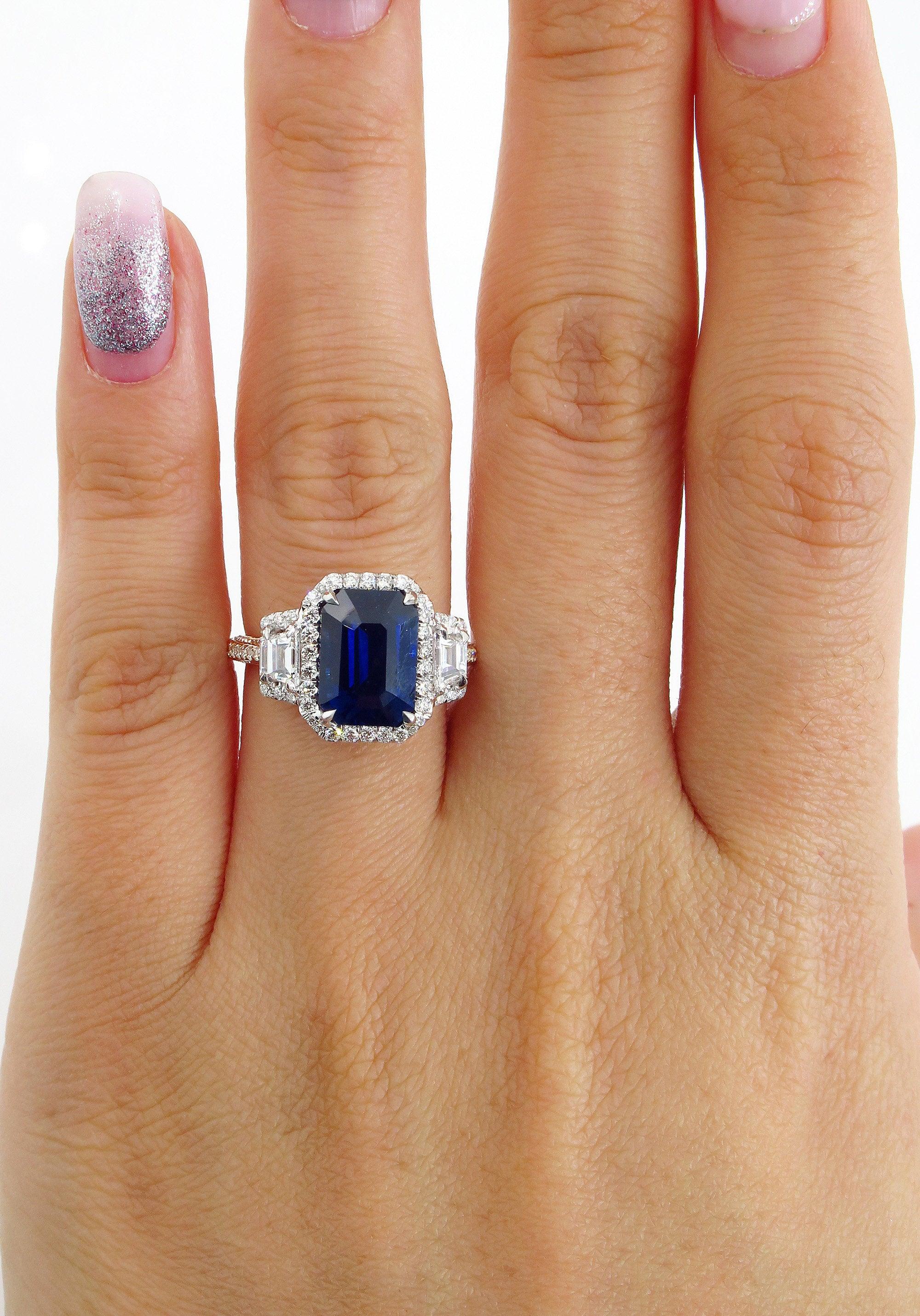 Women's GIA 4.41ct Natural Ceylon Blue Emerald Cut Sapphire Diamond Rose Gold Plat Ring