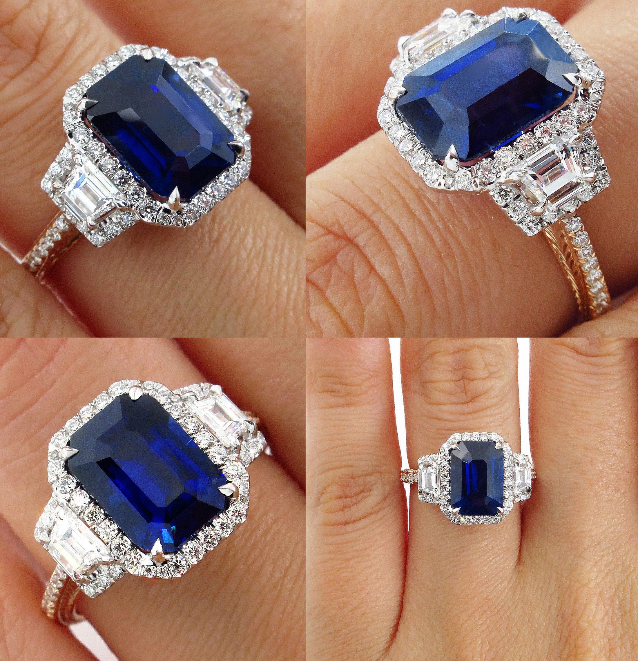GIA 4.41ct Natural Ceylon Blue Emerald Cut Sapphire Diamond Rose Gold Plat Ring 1