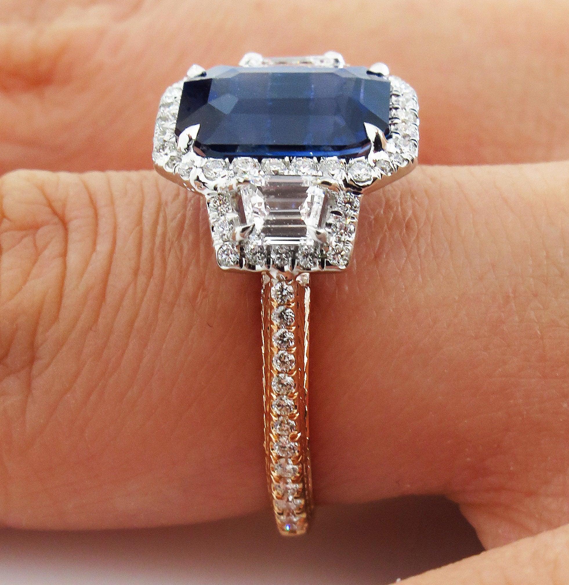 GIA 4.41ct Natural Ceylon Blue Emerald Cut Sapphire Diamond Rose Gold Plat Ring 2