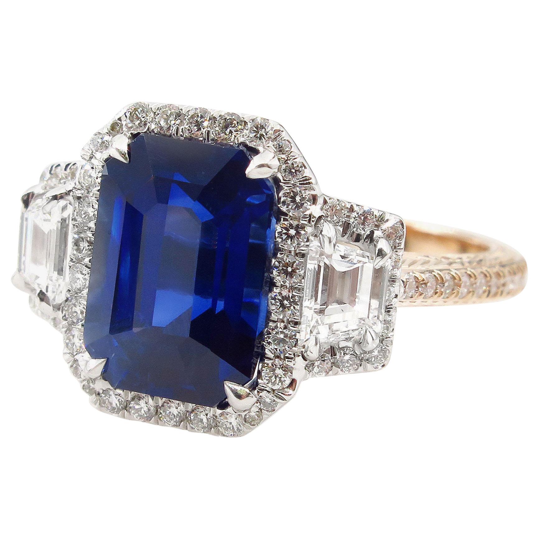 GIA 4.41ct Natural Ceylon Blue Emerald Cut Sapphire Diamond Rose Gold Plat Ring
