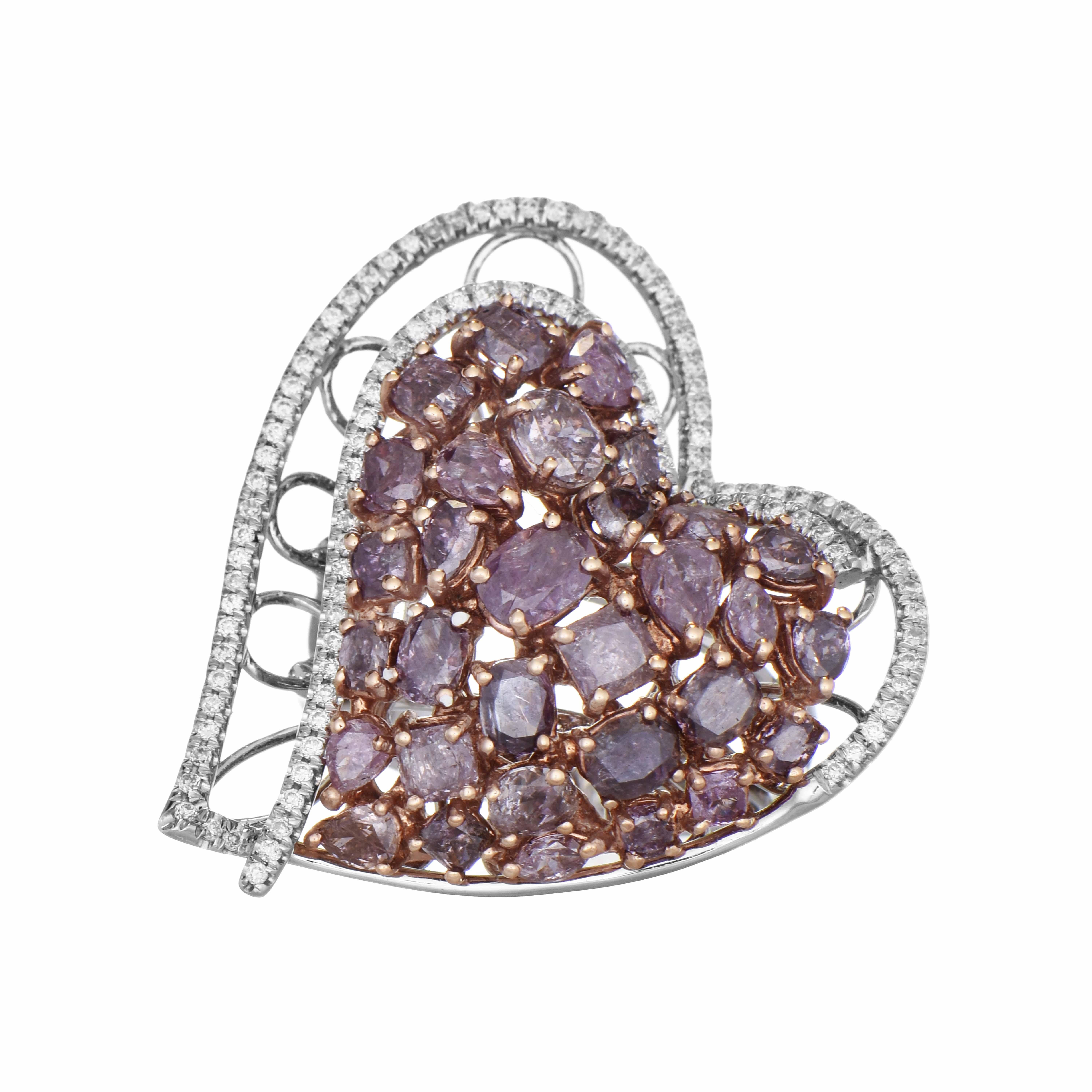 This lovely ring features a double heart design, with a cluster of pink-purple diamonds set in rose gold in the inner heart and a border of white diamonds set in white gold in the outer heart, all set in a white gold band.

31 Pink-Purple Diamonds: