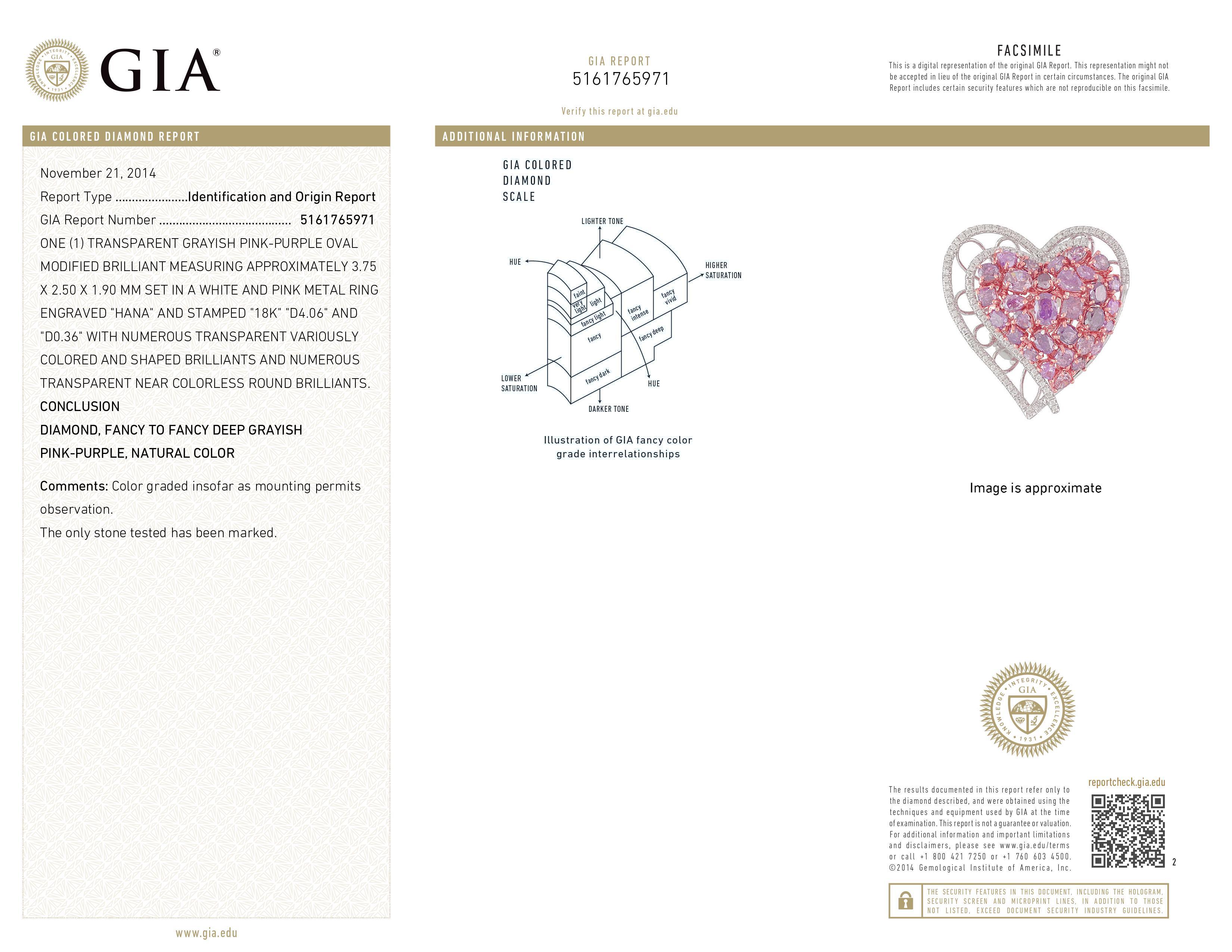 Women's GIA 4.42 Carats Pink-Purple and White Diamond White Gold Heart Ring For Sale