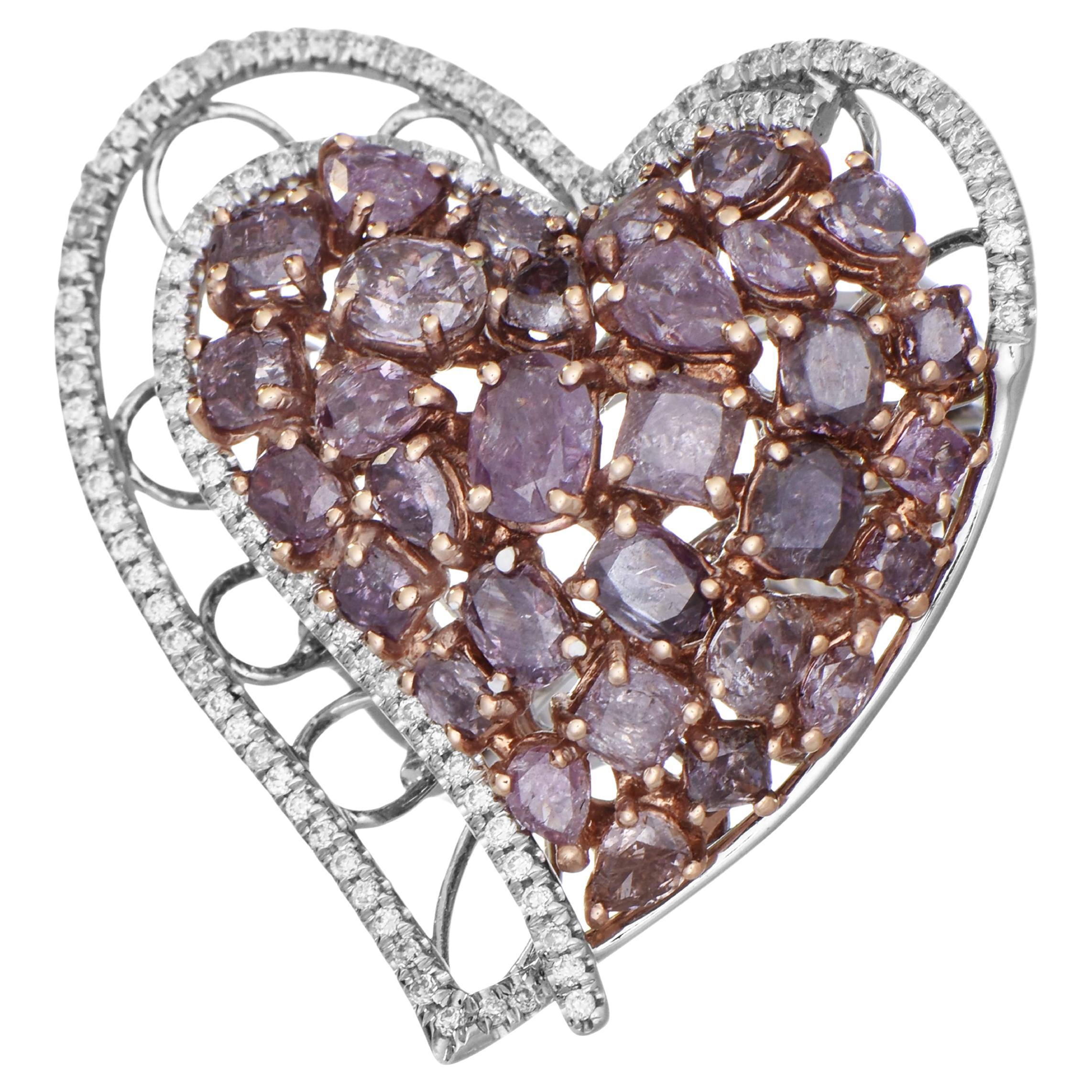 GIA 4.42 Carats Pink-Purple and White Diamond White Gold Heart Ring For Sale
