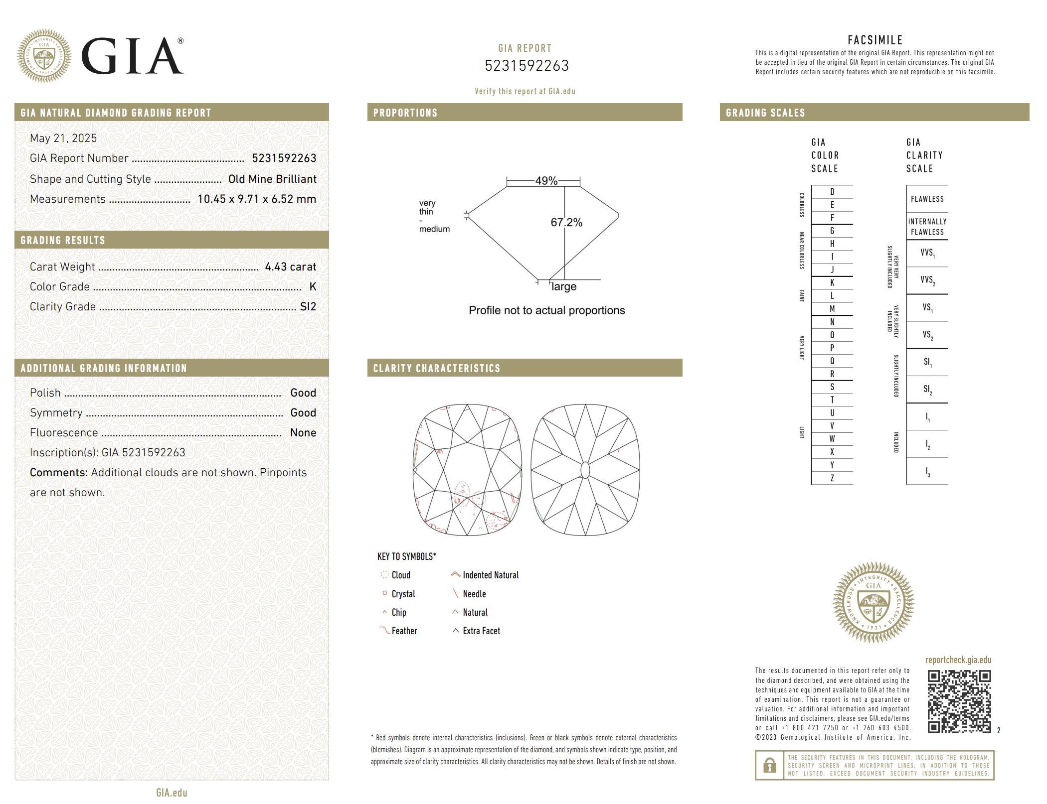 GIA 4.43 carat old mine cut diamond platinum ring im Angebot 1