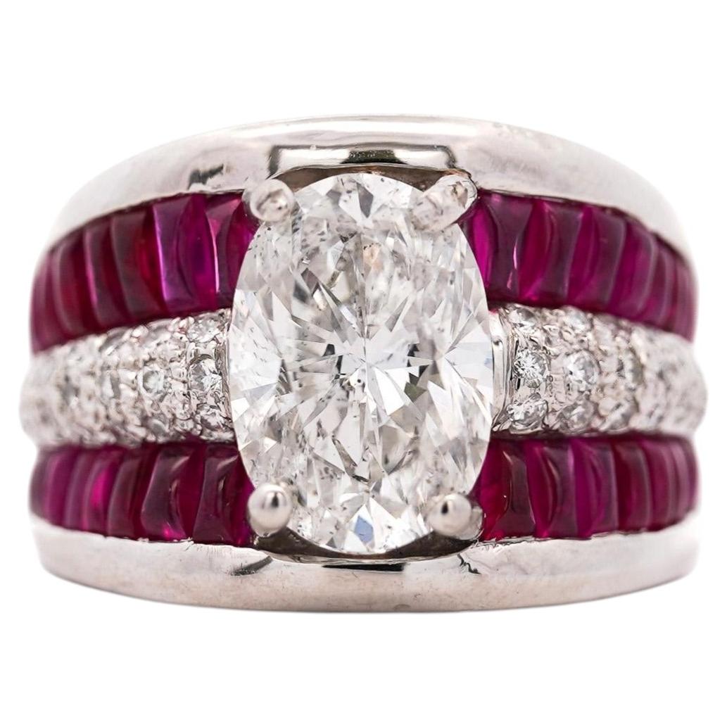 GIA 4.43 Carat Oval G/I1 Diamond & Cabochon Ruby Platinum Vintage Ring For Sale