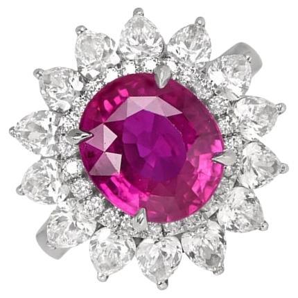 GIA 4.47ct Oval Cut Natural Pink Sapphire Cluster Ring, Double Halo, Platinum For Sale