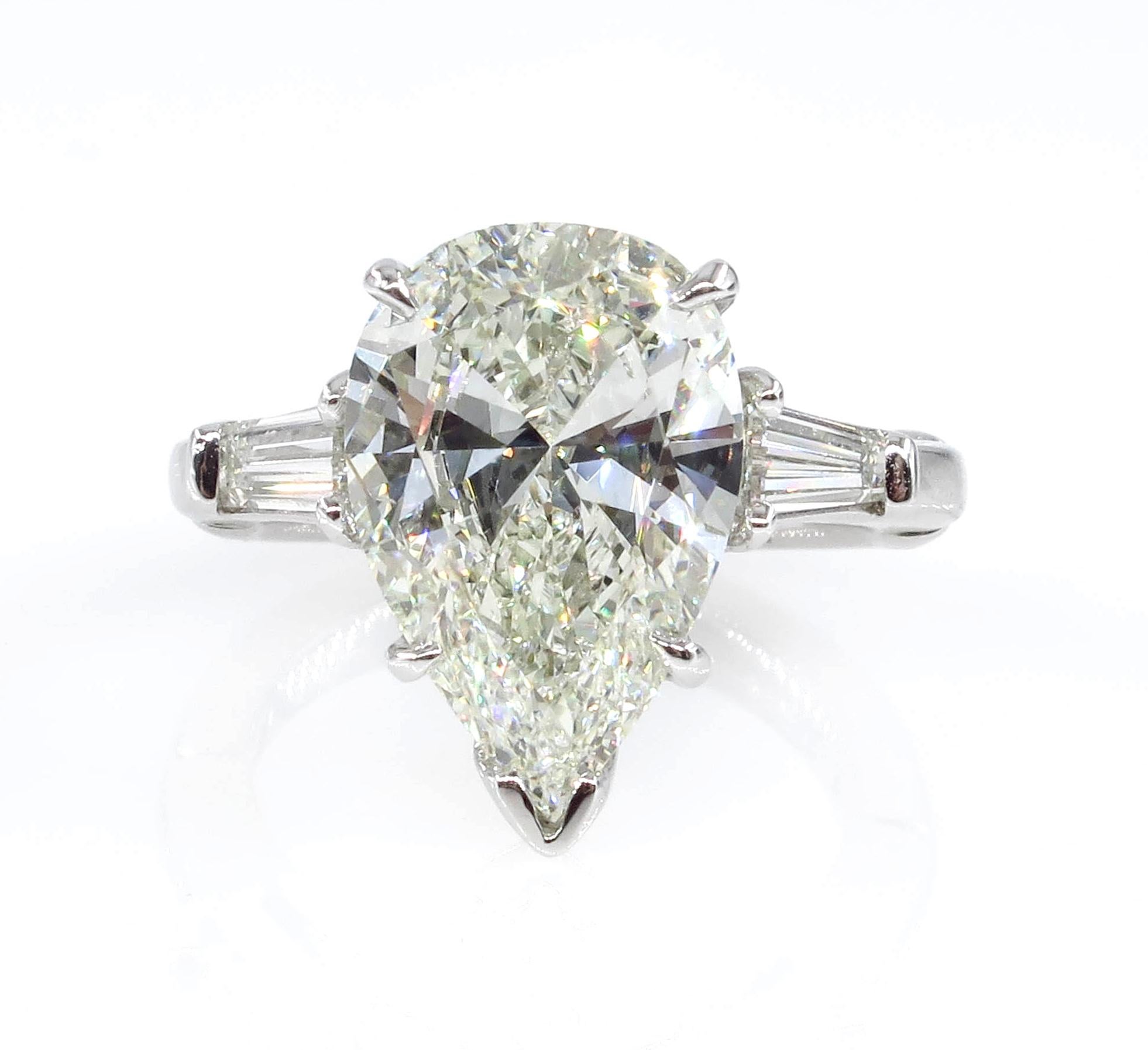 Pear Cut GIA 4.51 Carat Estate Vintage Pear Shaped Three-Stone Diamond Ring