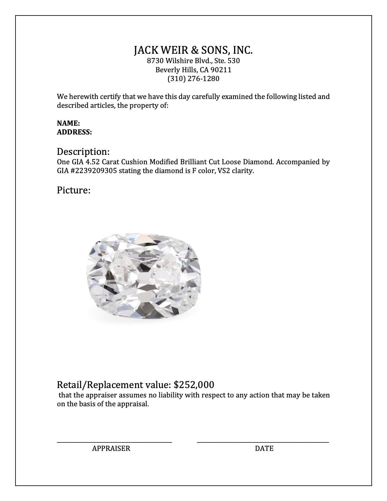 GIA 4.52 Carat Cushion Modified Brilliant Cut Loose Diamond In Good Condition For Sale In Beverly Hills, CA