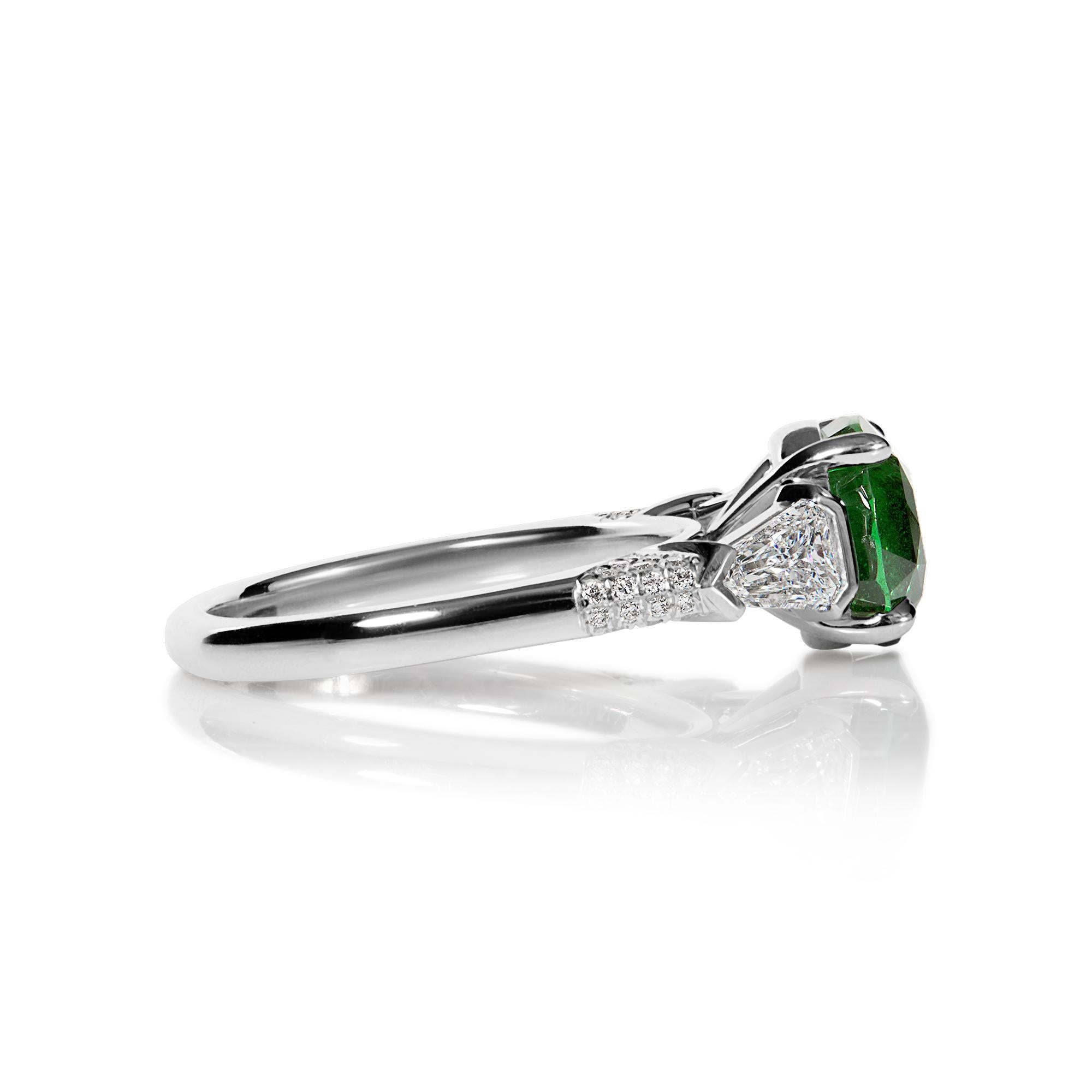 Round Cut GIA 4.52ct Green Tsavorite Diamond Three Stone Engagement Wedding Platinum Ring For Sale