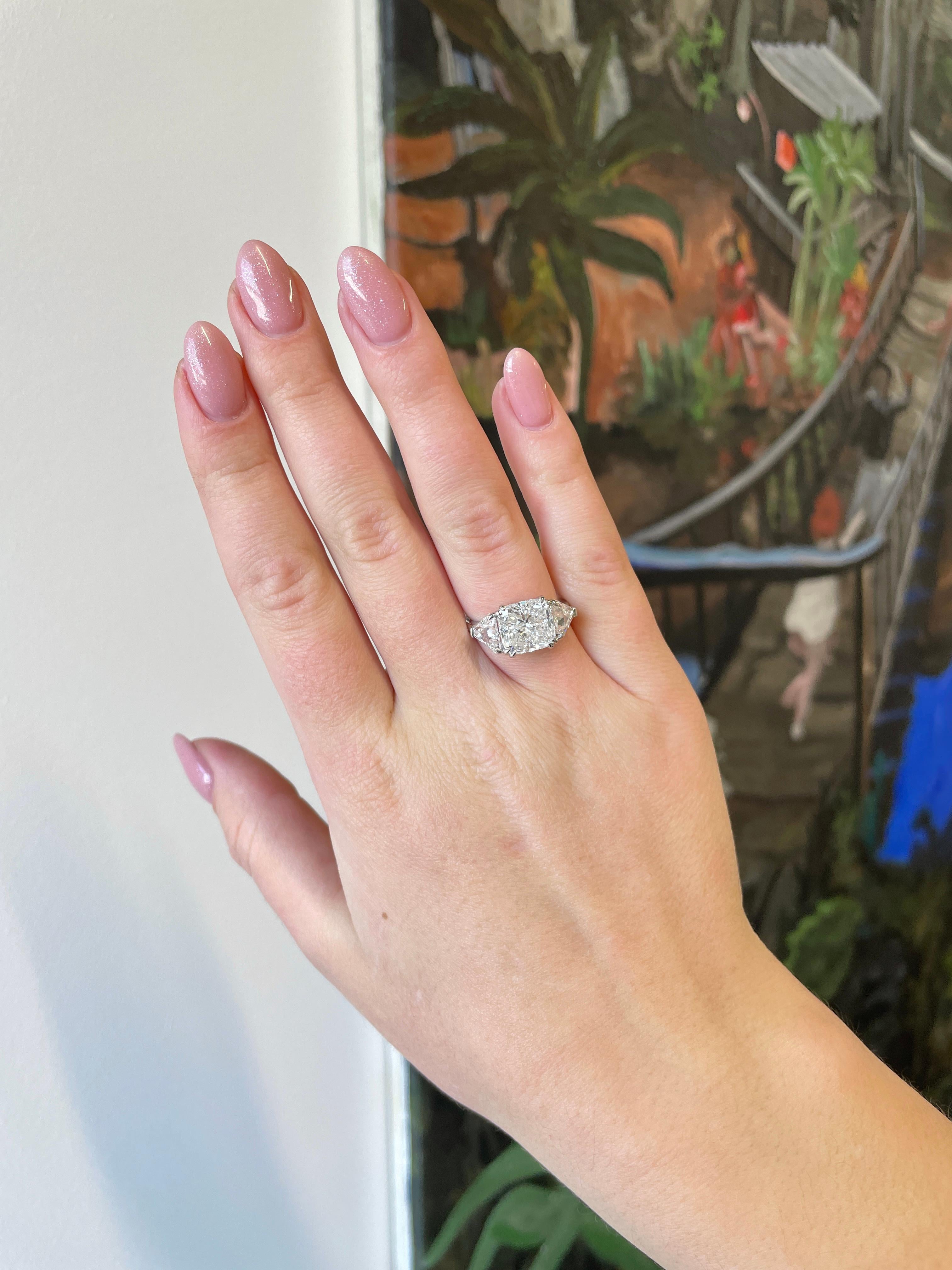 GIA 4.54 Carat Cushion Cut Diamond Three-Stone Platinum Engagement Ring 2