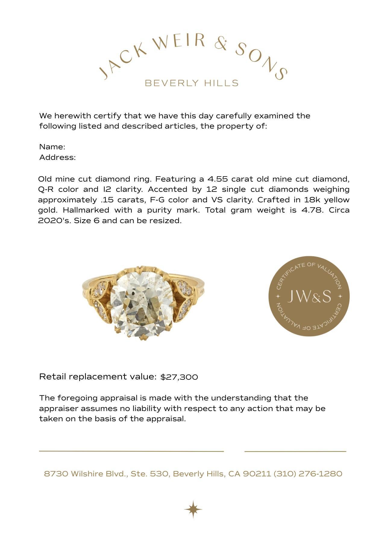 Donna GIA Anello di fidanzamento in oro giallo 18k con diamante taglio old mine da 4,55 carati in vendita