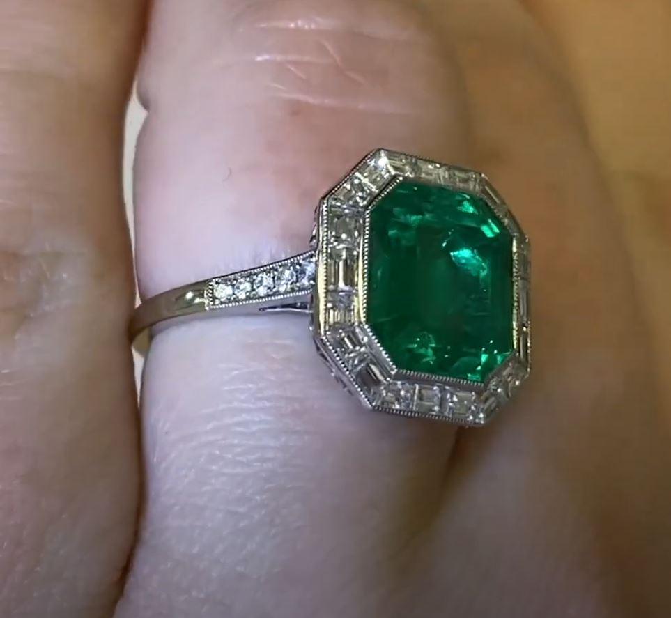 Art Deco GIA 4.55ct Natural Columbian Emerald Engagement Ring, Diamond Halo, Platinum For Sale