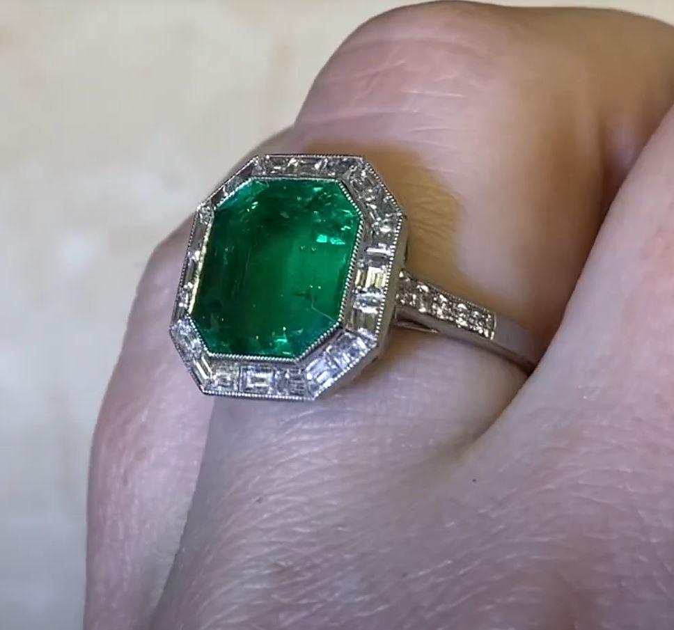 Emerald Cut GIA 4.55ct Natural Columbian Emerald Engagement Ring, Diamond Halo, Platinum For Sale