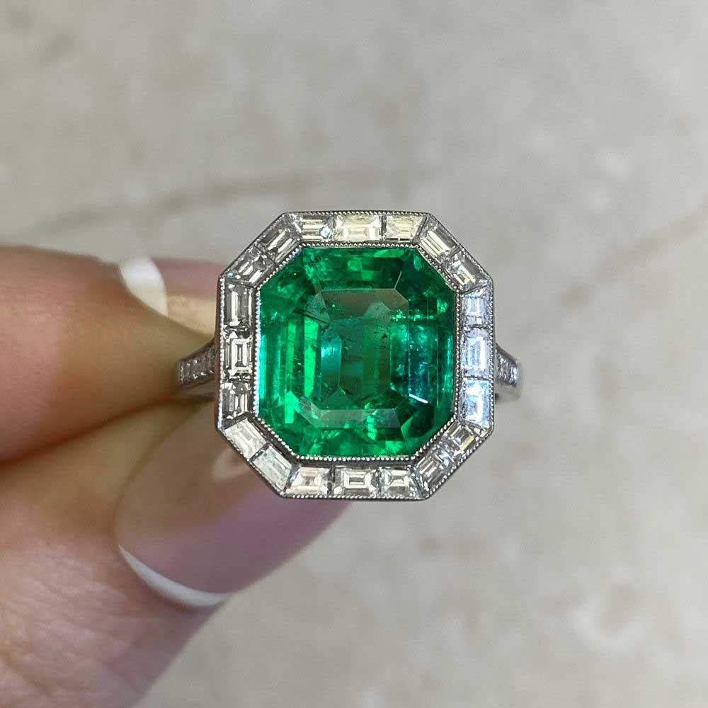 GIA 4.55ct Natural Columbian Emerald Engagement Ring, Diamond Halo, Platinum For Sale 1
