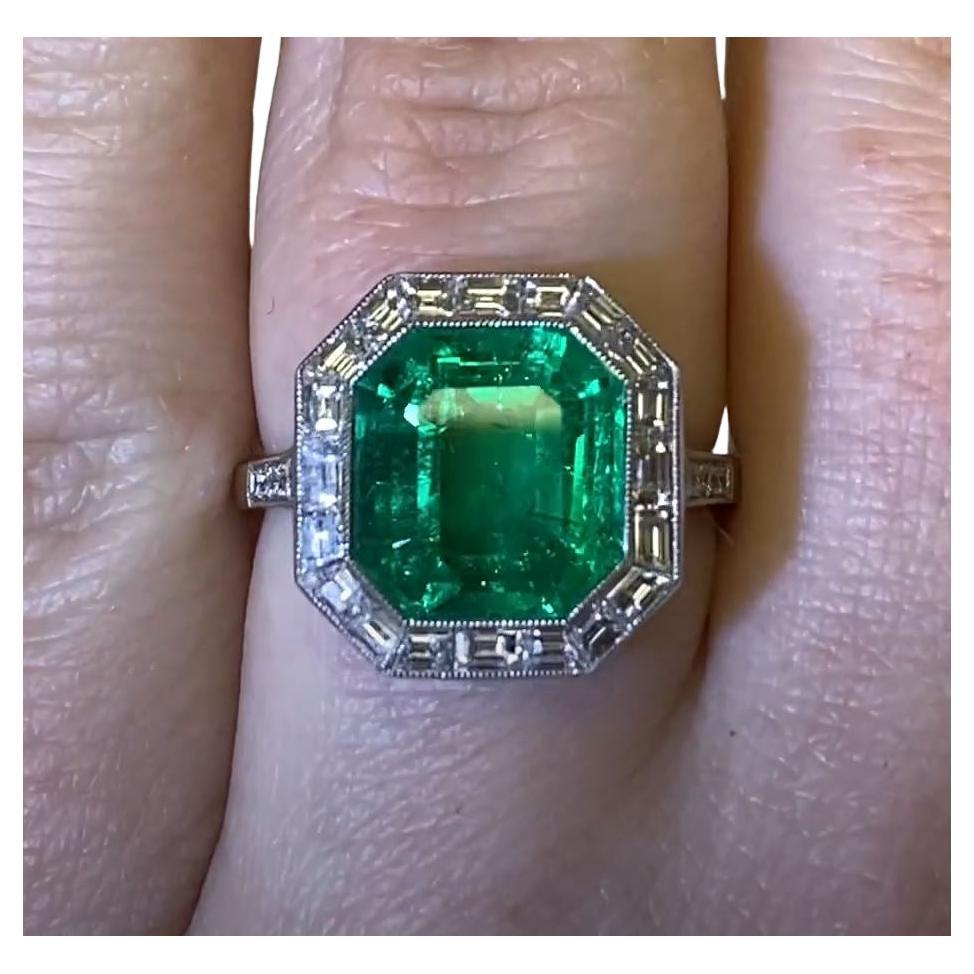 GIA 4.55ct Natural Columbian Emerald Engagement Ring, Diamond Halo, Platinum For Sale