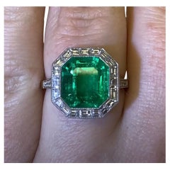 Used GIA 4.55ct Natural Columbian Emerald Engagement Ring, Diamond Halo, Platinum