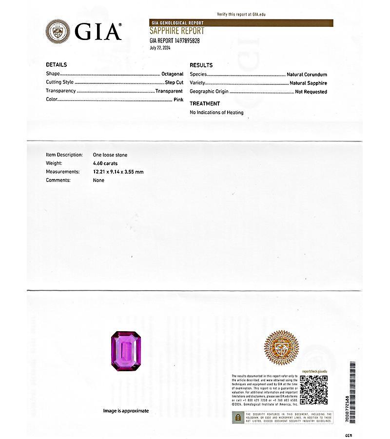 GIA 4.60ct No Heat Pink Sapphire 1.19ct Diamond Engagement Ring In Good Condition For Sale In New York, NY