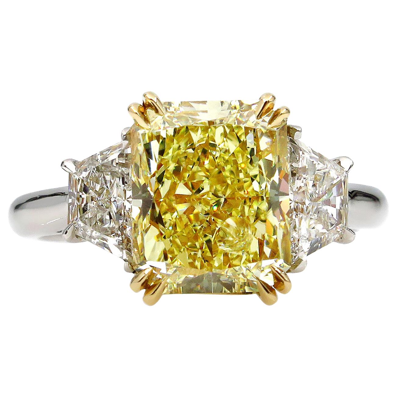 GIA 4.64 Carat Fancy Yellow Cushion Diamond Engagement Wedding Platinum Ring