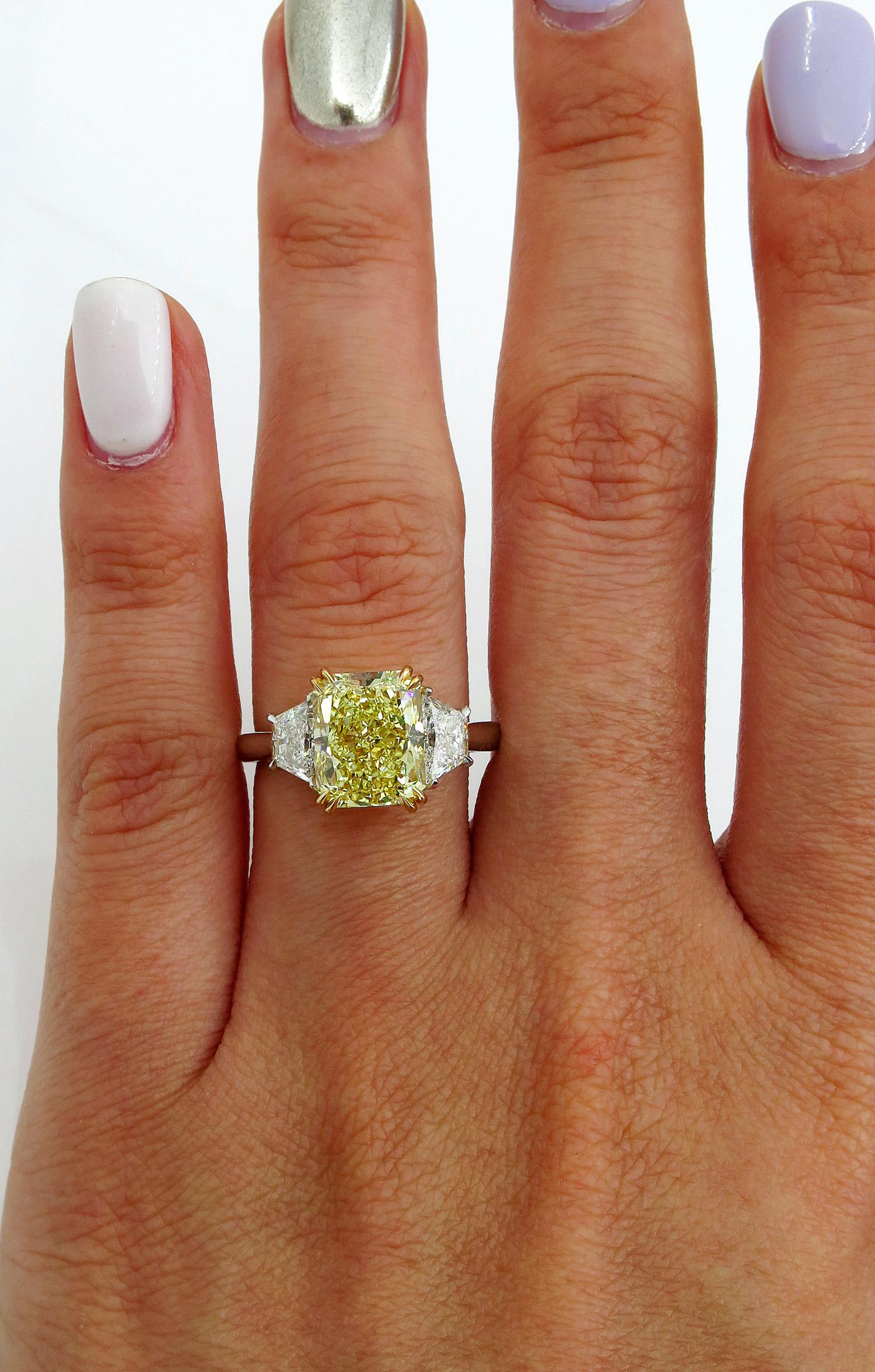 GIA 4.64 Carat Fancy Yellow Cushion Diamond Engagement Wedding Platinum Ring 7