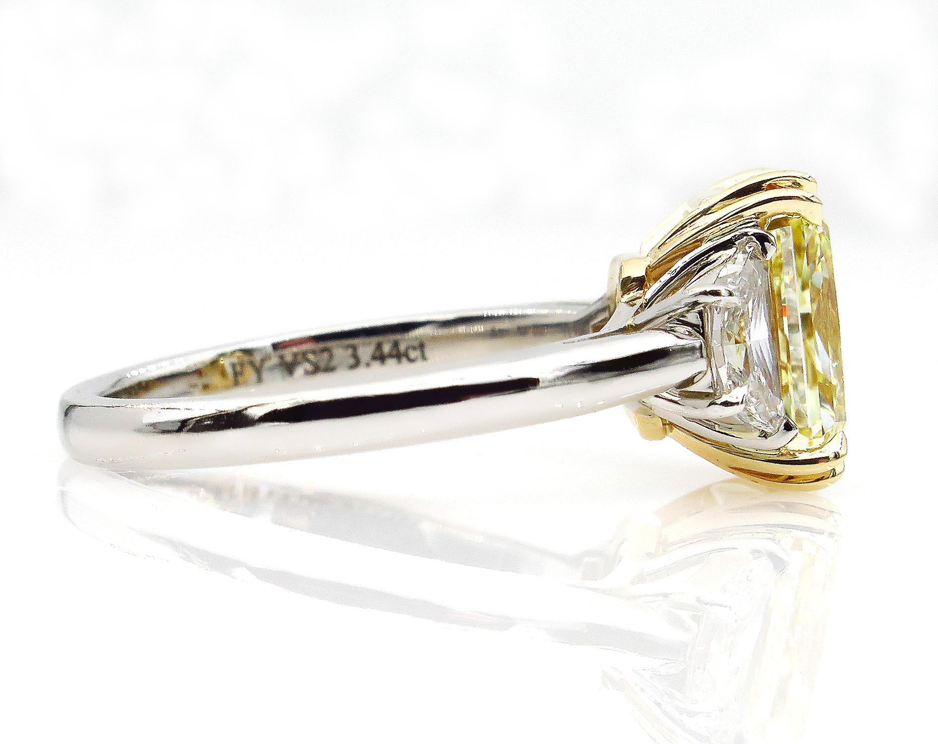 GIA 4.64 Carat Fancy Yellow Cushion Diamond Engagement Wedding Platinum Ring 2