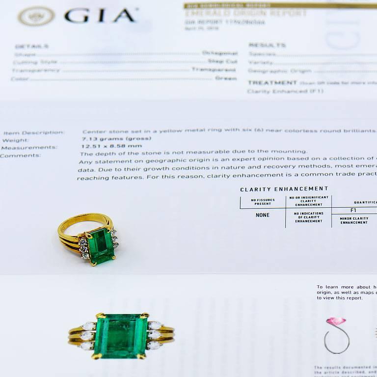Gorgeous Natural Colombian Emerald & Diamond ring. This ring features a 4.67 carat natural rectangular cut Emerald in the center with three round diamonds on each side. The 4.67 carat center green Colombian Emerald is accompanied by GIA Emerald