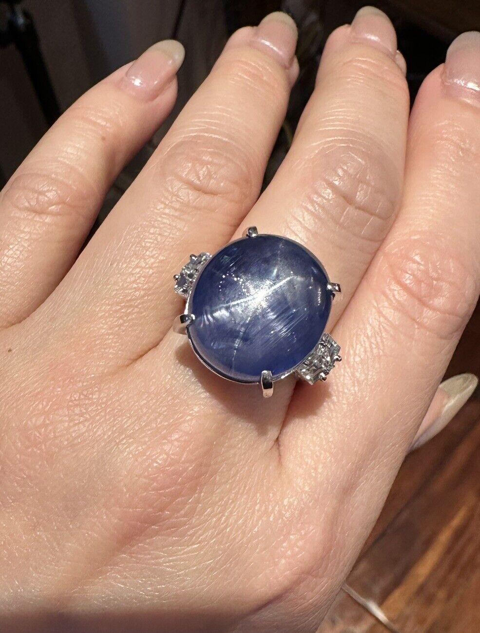 GIA 46.90 Carats Unheated Star Sapphire Cabochon Ring in Platinum For Sale 8