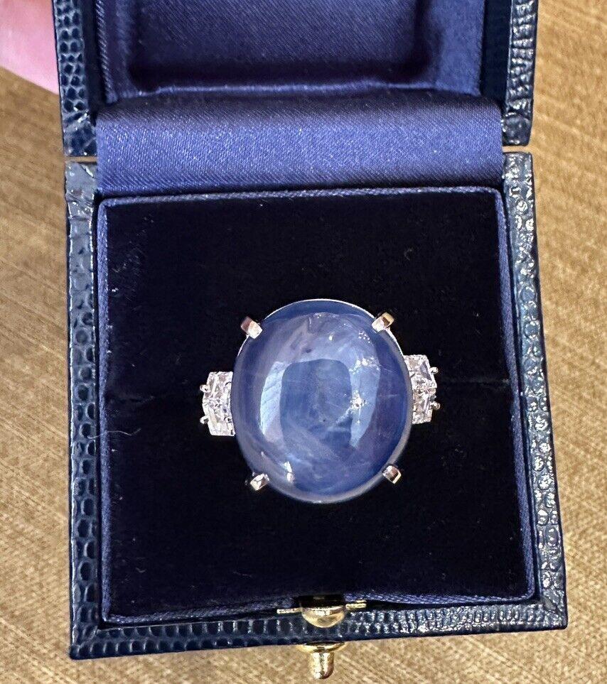 GIA 46.90 Carats Unheated Star Sapphire Cabochon Ring in Platinum For Sale 2