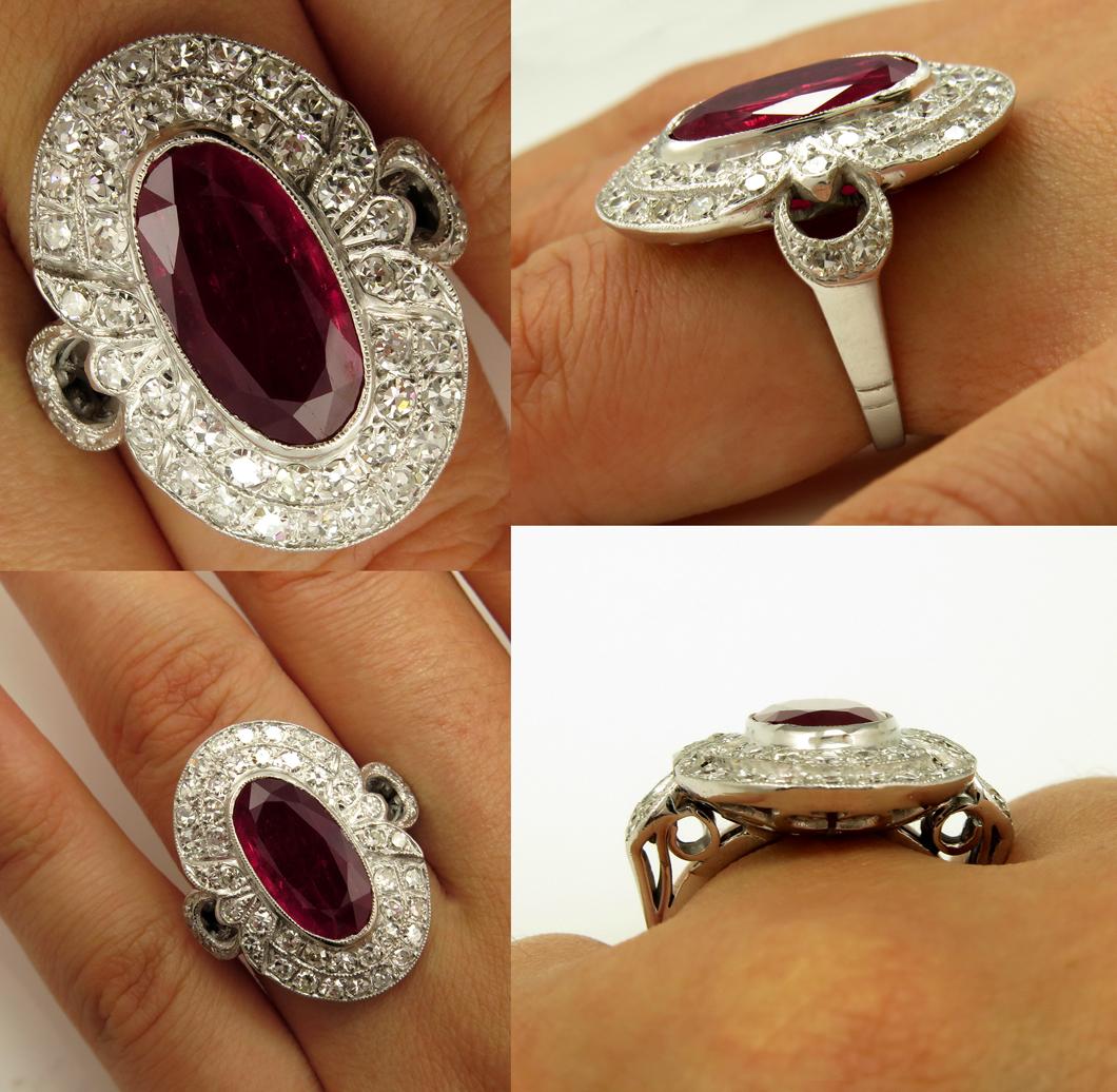 GIA 4.70 Carat Antique Vintage Ruby and Diamond Cluster Ring in 18 Karat Gold For Sale 2