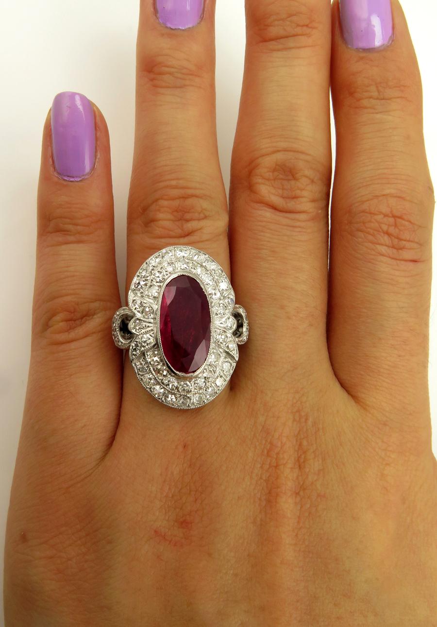 Women's GIA 4.70 Carat Antique Vintage Ruby and Diamond Cluster Ring in 18 Karat Gold