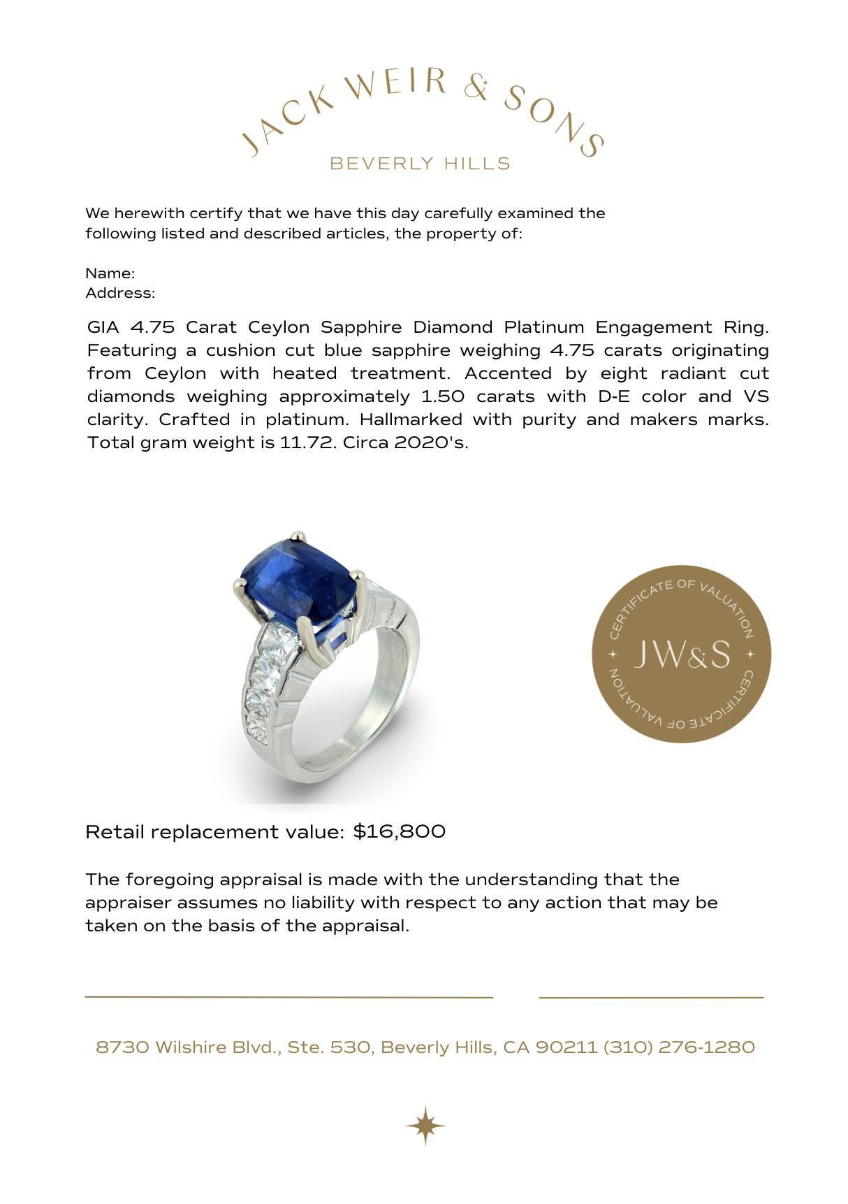 GIA Bague de fiançailles en platine avec saphir de Ceylan de 4,75 carats et diamant en vente 2