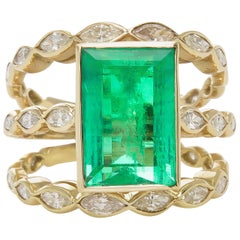 Retro GIA 4.75 Carat Colombian Green Emerald Diamond Wedding Yellow Gold Ring