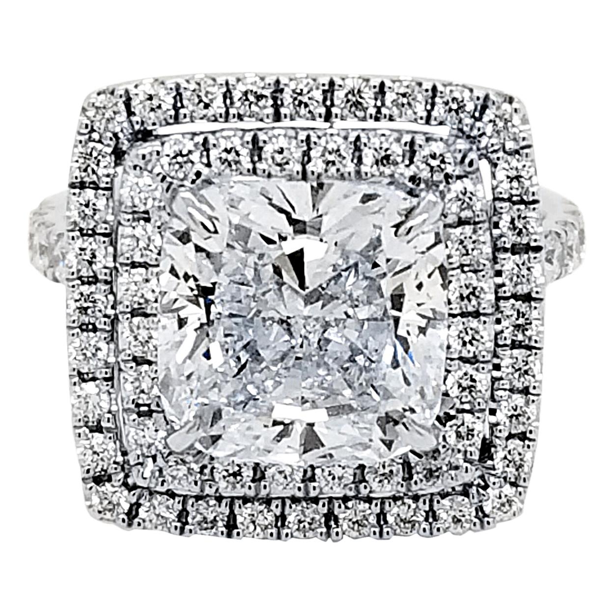 GIA 4.75 Carat I/VS1 Cushion Diamond 18K Double Halo Engagement Ring For Sale