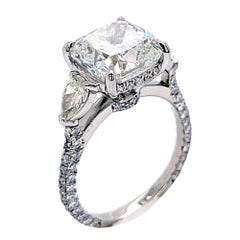GIA 4.75 Carat I/VS1 Cushion Diamond Platinum 3-Stone Engagement Ring W. 2 Pears