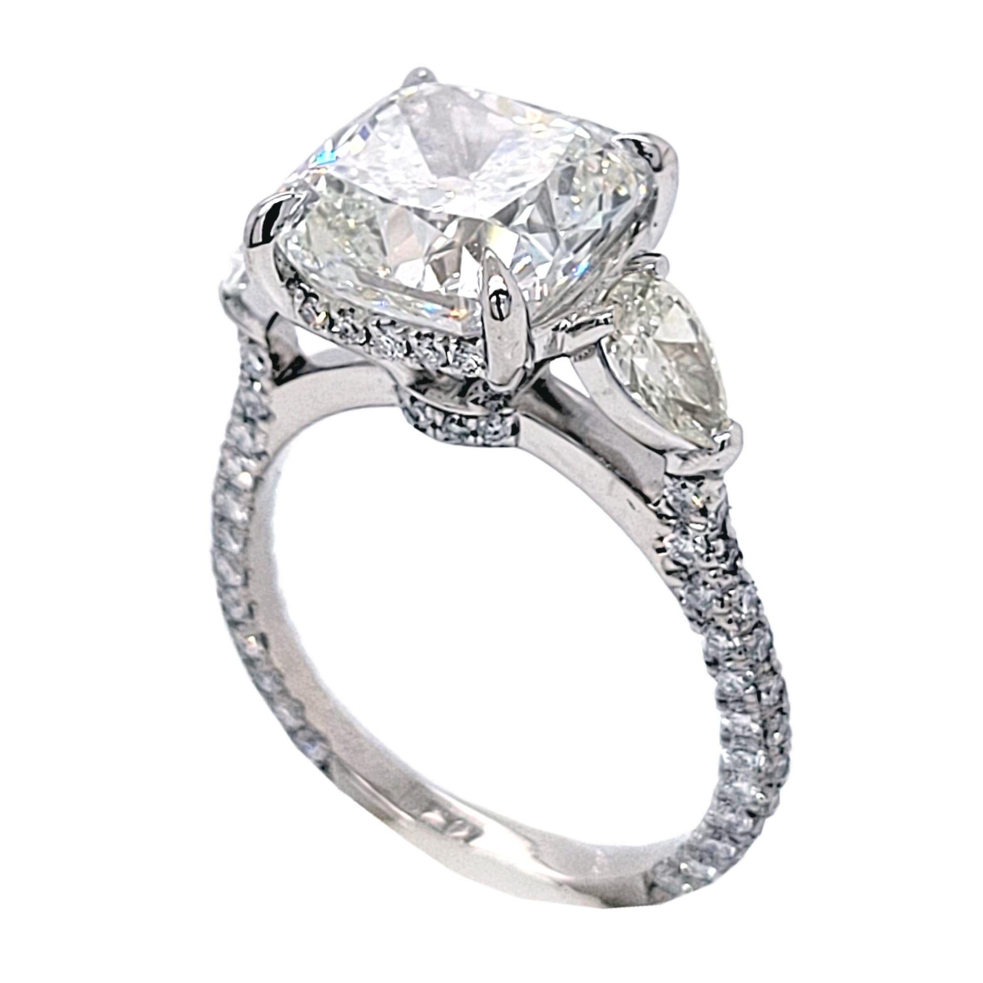 Cushion Cut GIA 4.75 Carat I/VS1 Cushion Diamond Platinum 3-Stone Engagement Ring W. 2 Pears For Sale