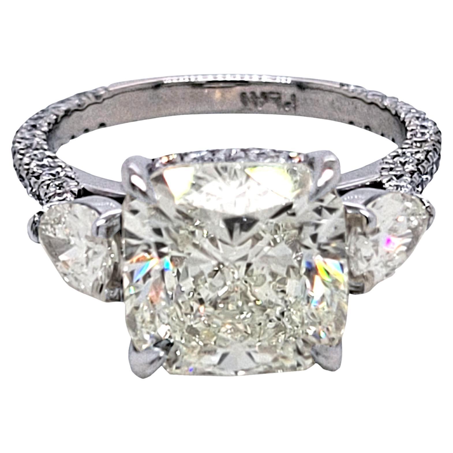 GIA 4.75 Carat I/VS1 Cushion Diamond Platinum 3-Stone Engagement Ring W. 2 Pears In New Condition For Sale In Los Angeles, CA