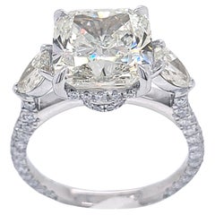GIA 4.75 Carat I/VS1 Cushion Diamond Platinum 3-Stone Engagement Ring W. 2 Pears