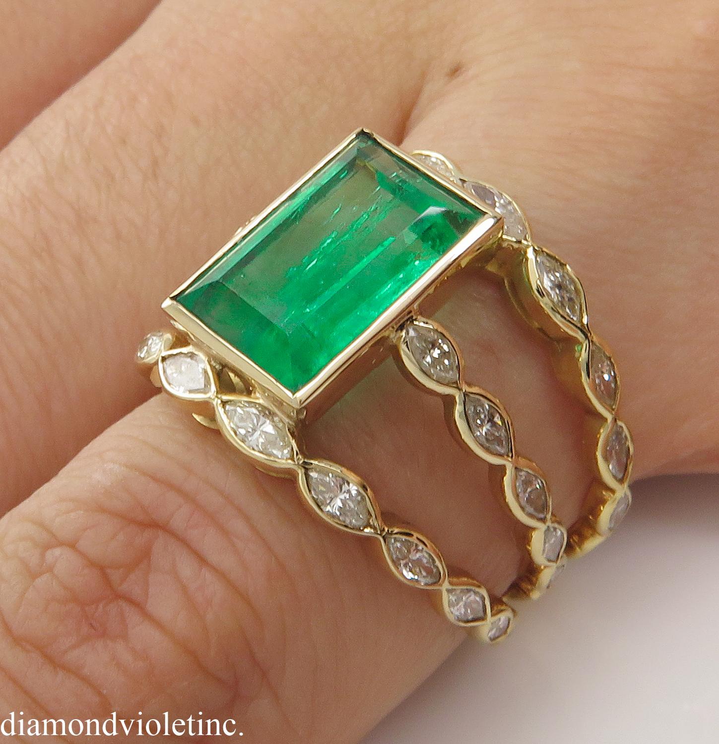 GIA 4.75 Carat Colombian Green Emerald Diamond Wedding Yellow Gold Ring 6