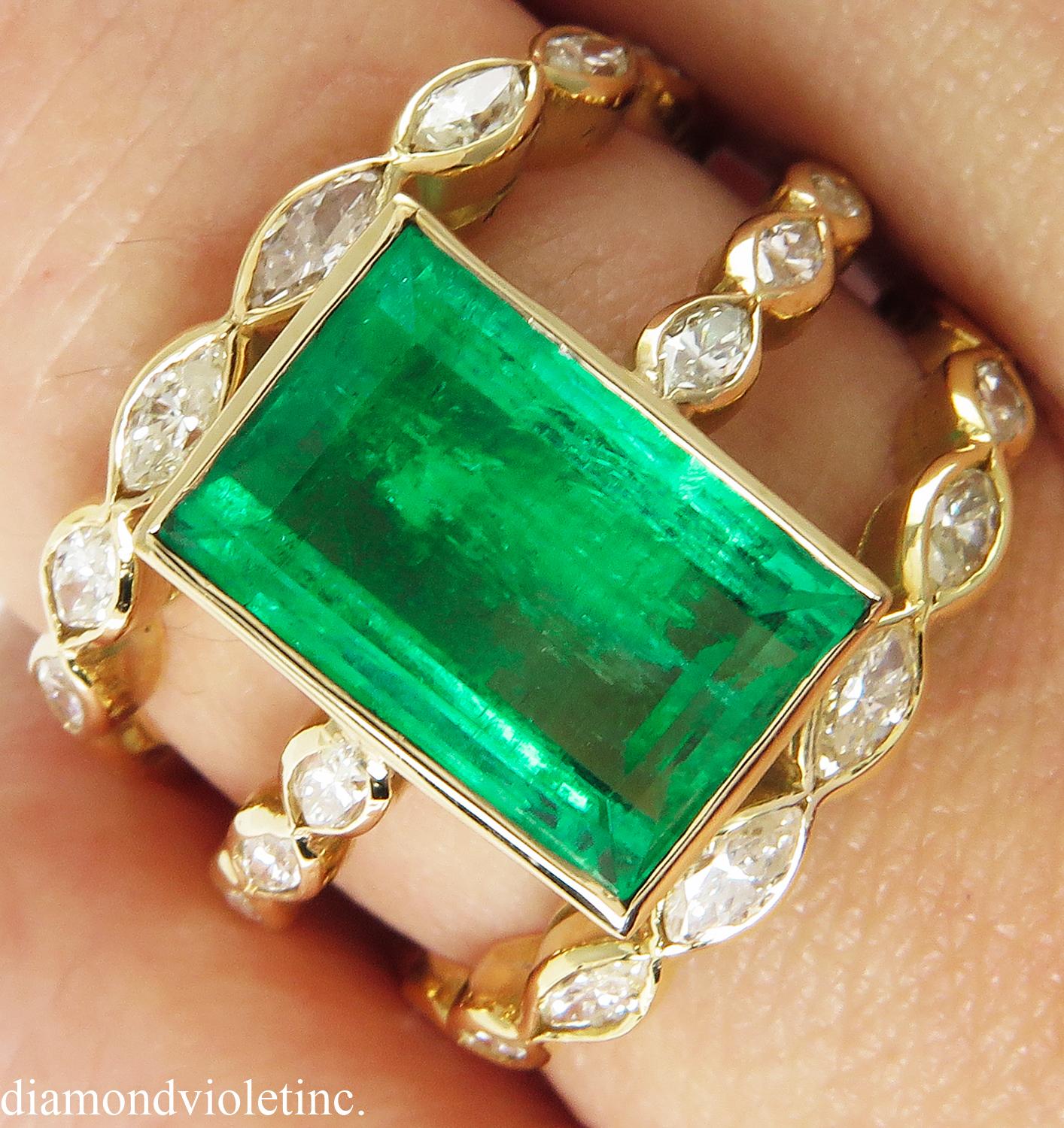 GIA 4.75 Carat Colombian Green Emerald Diamond Wedding Yellow Gold Ring 2