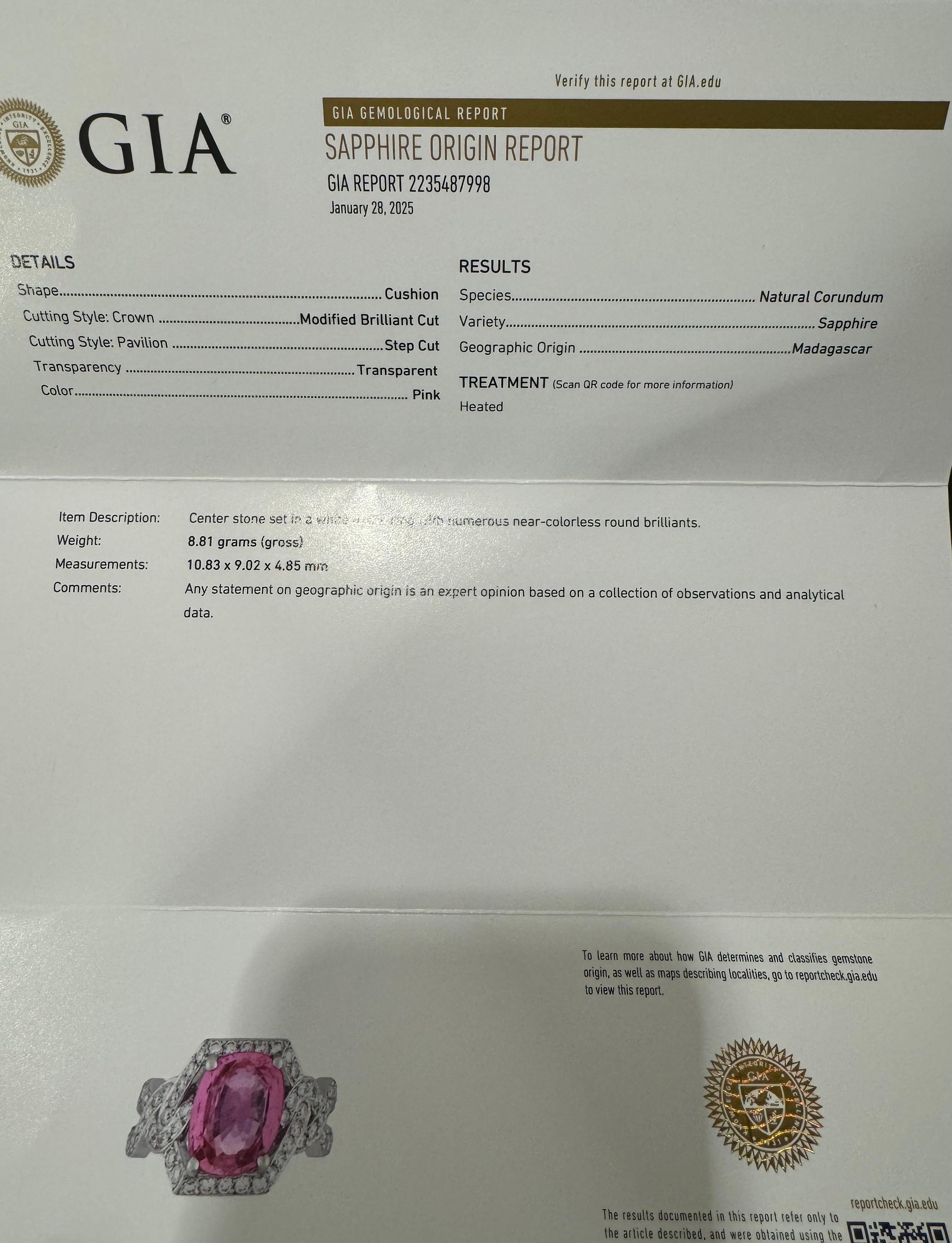 GIA 4.76 Ct Pink Cushion Sapphire & 1.2 Ct Diamond 18 Kt White Gold Ring, Estate 10