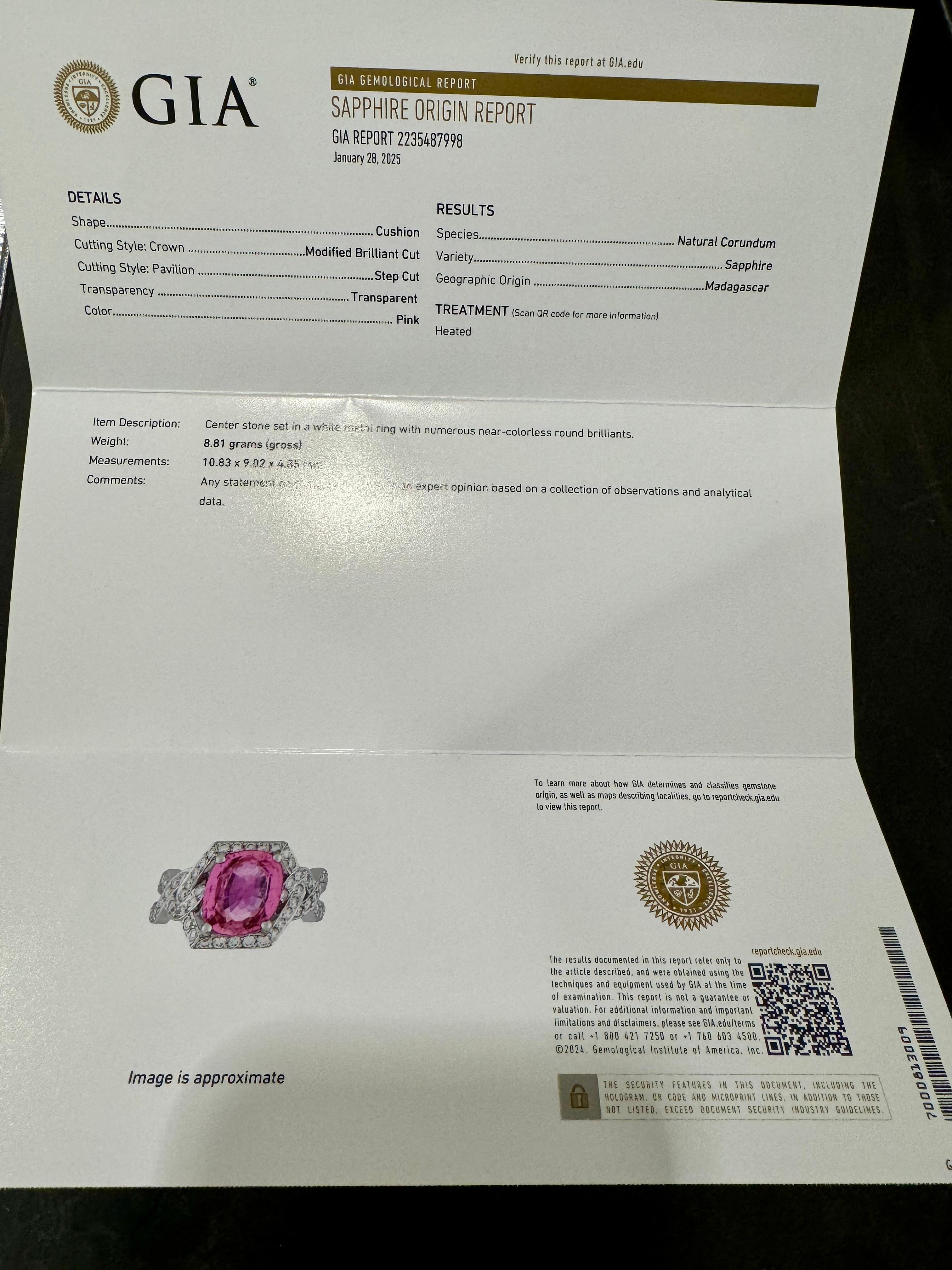 GIA 4.76 Ct Pink Cushion Sapphire & 1.2 Ct Diamond 18 Kt White Gold Ring, Estate 11