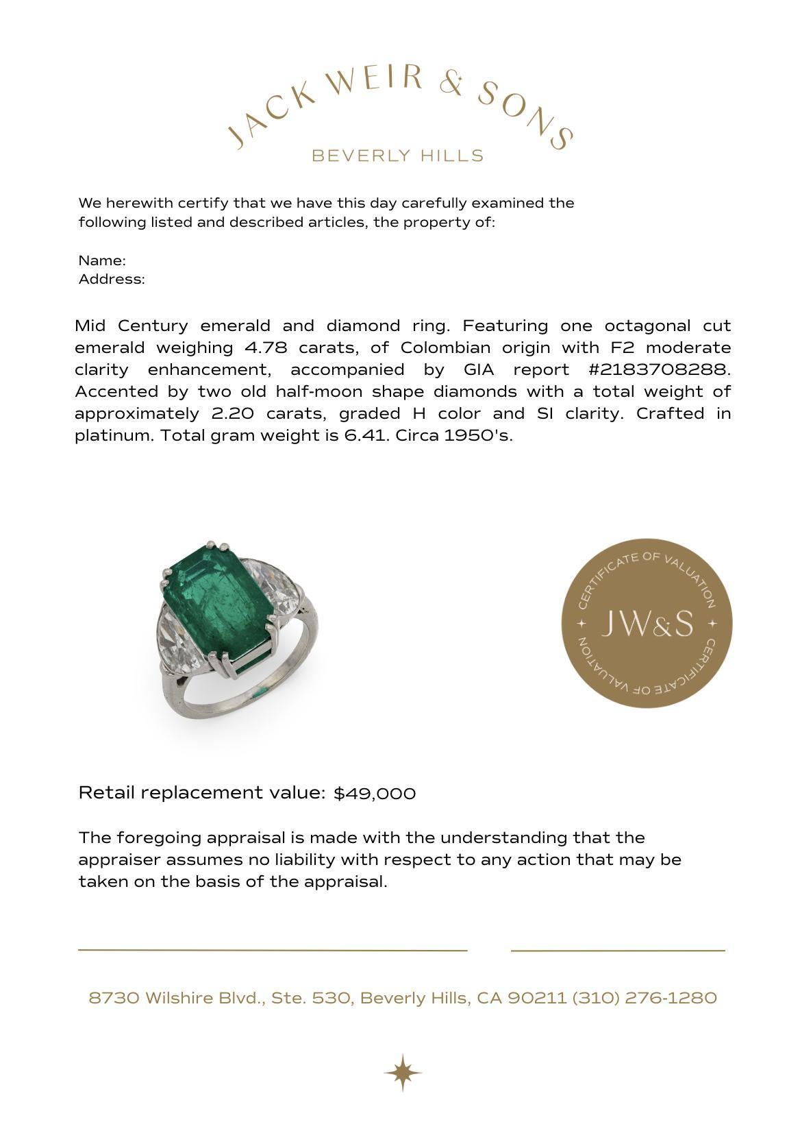 GIA Anello a tre pietre con smeraldo colombiano di 4,78 carati e diamante in platino in vendita 2