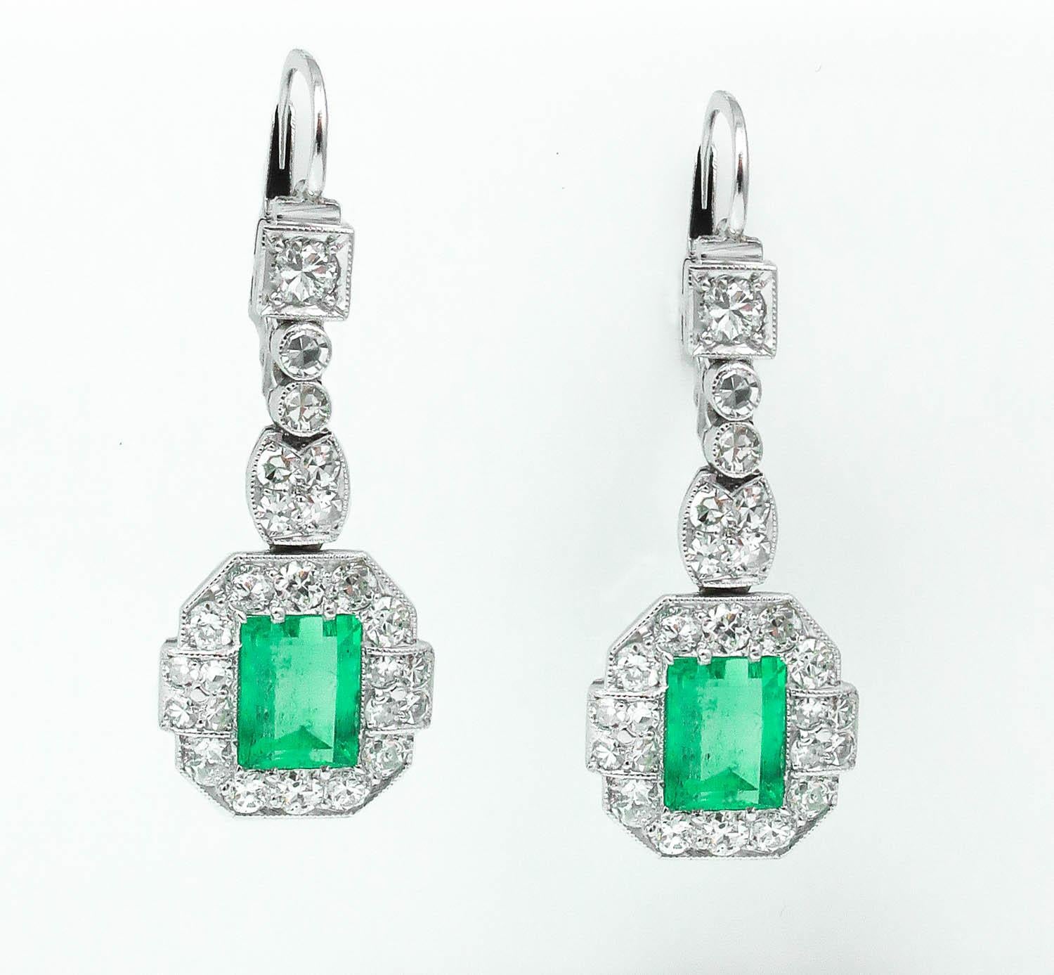 Old European Cut GIA 4.80 Carat Natural Colombian Green Emerald Diamond Drop Earrings Platinum