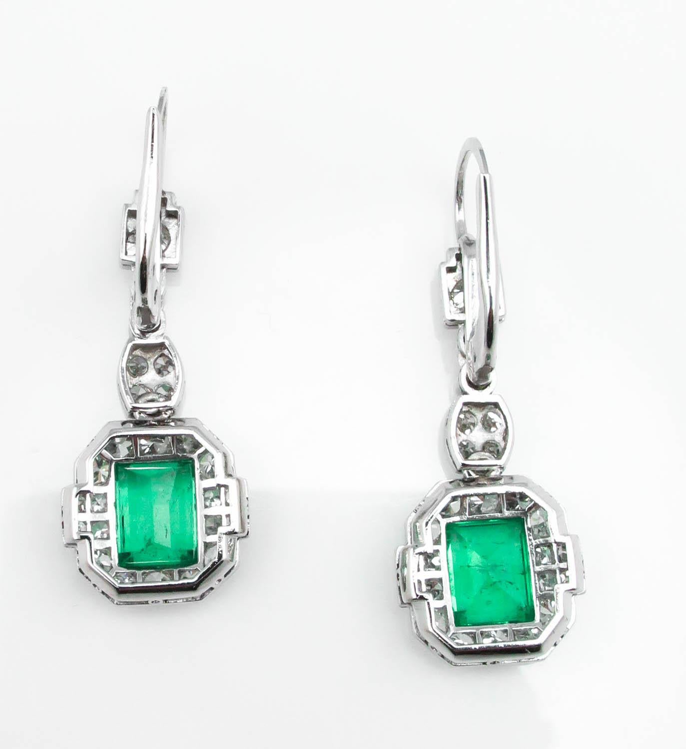 GIA 4.80 Carat Natural Colombian Green Emerald Diamond Drop Earrings Platinum 1