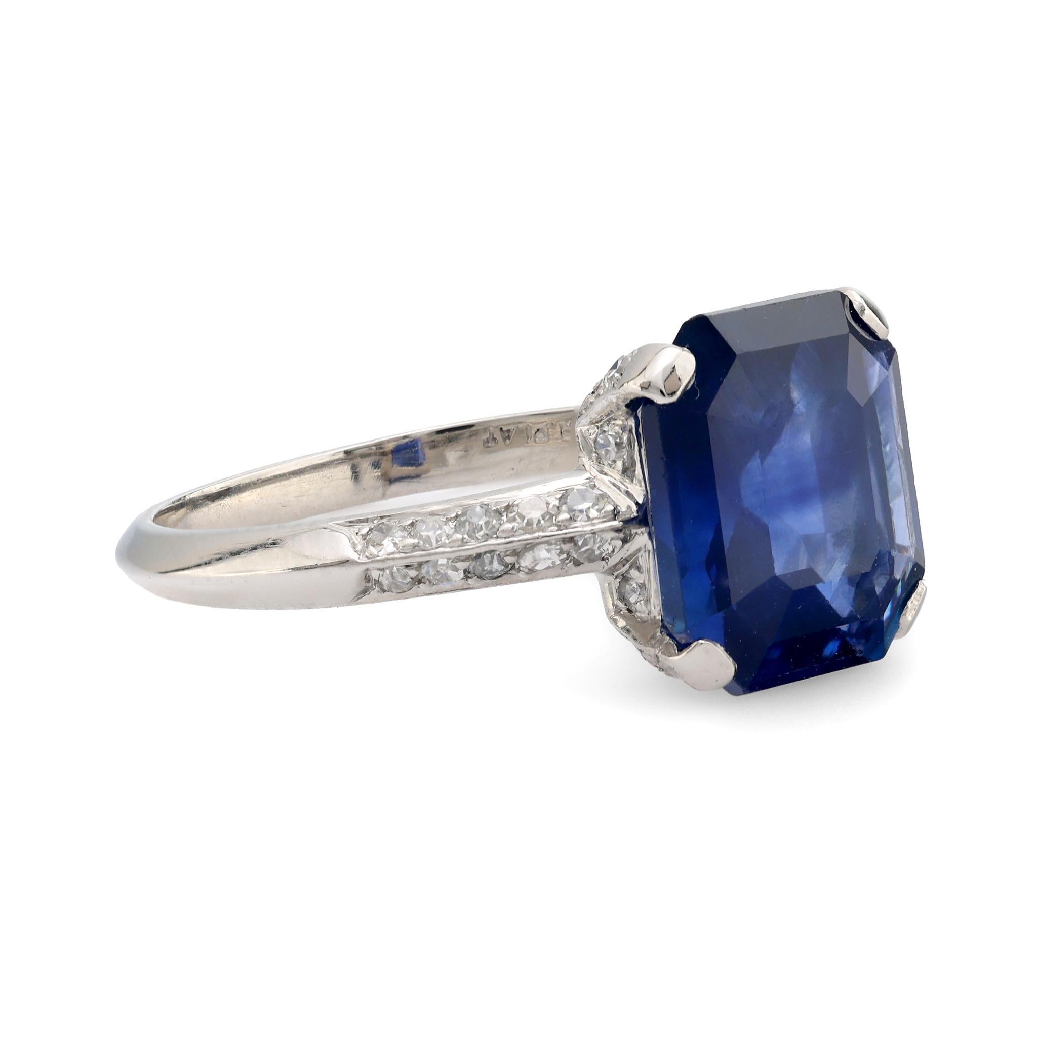 Modern GIA 4.84 carat Asscher cut blue sapphire diamond platinum ring For Sale