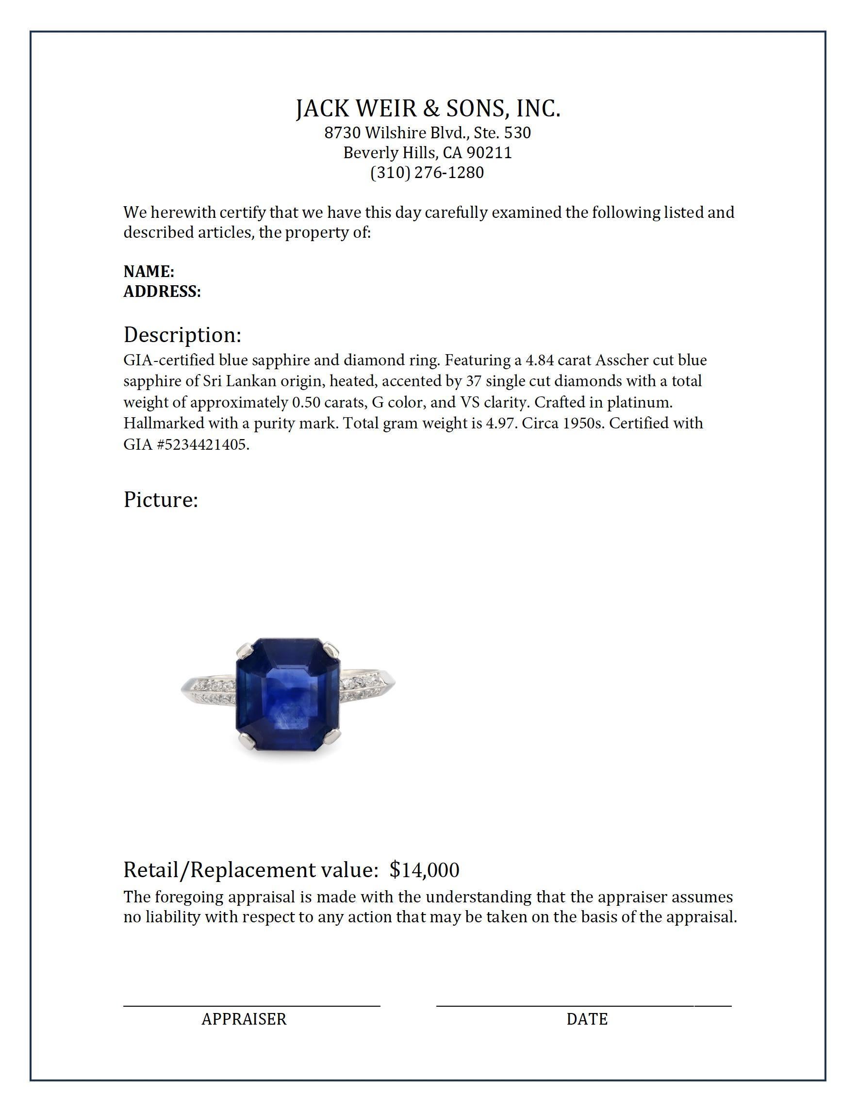 Women's or Men's GIA 4.84 carat Asscher cut blue sapphire diamond platinum ring For Sale