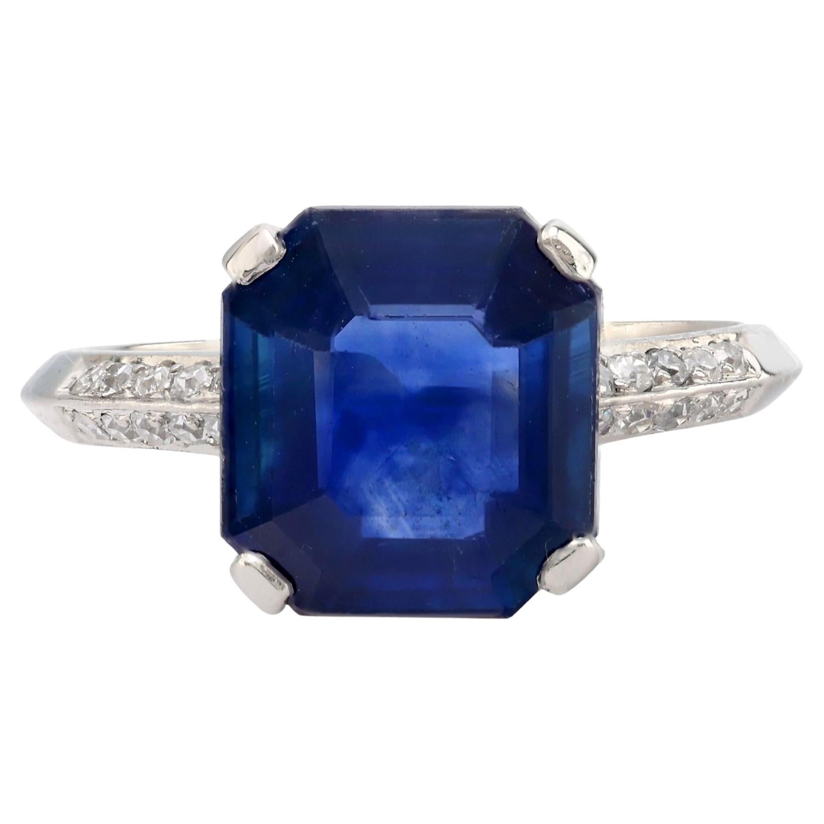 GIA 4.84 carat Asscher cut blue sapphire diamond platinum ring