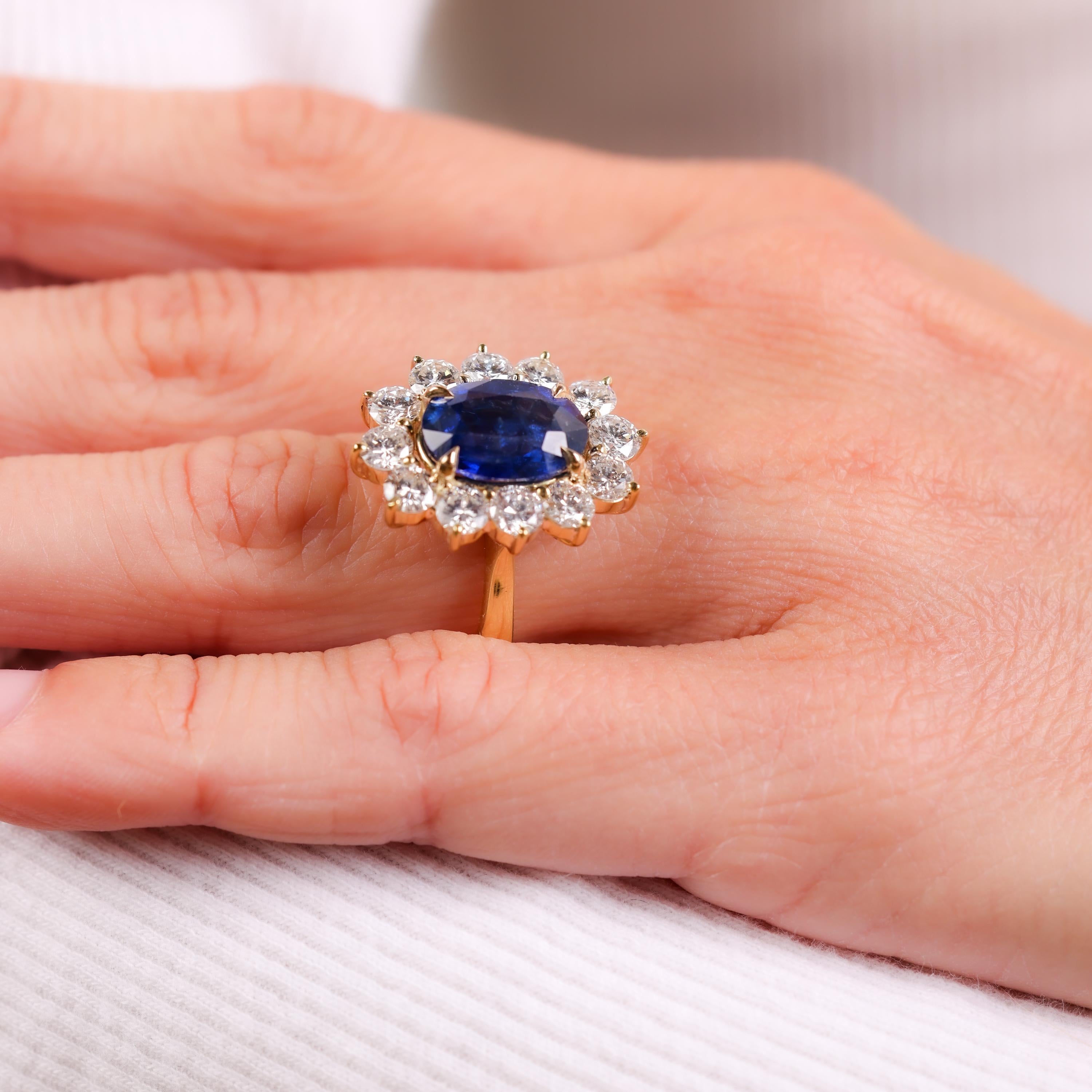 Oval Cut GIA 4.84 carat oval cut sapphire diamond 14k yellow gold cluster ring