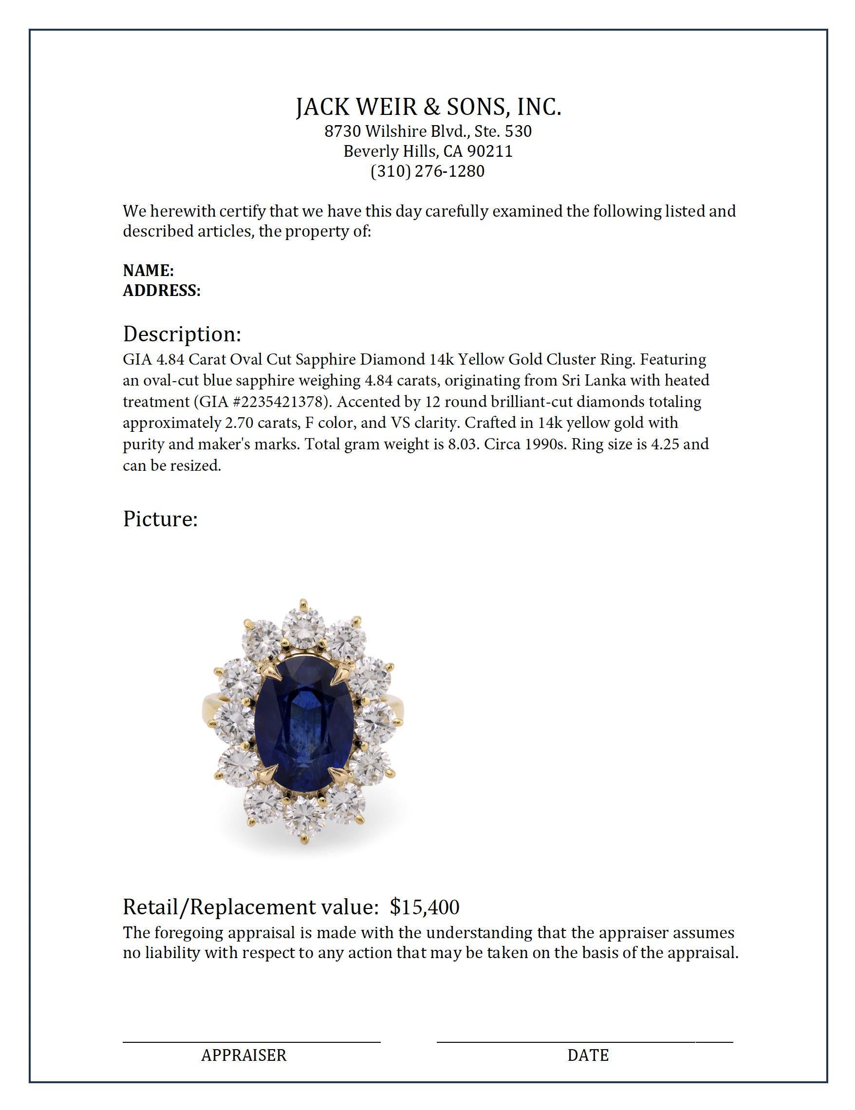 Women's or Men's GIA 4.84 carat oval cut sapphire diamond 14k yellow gold cluster ring